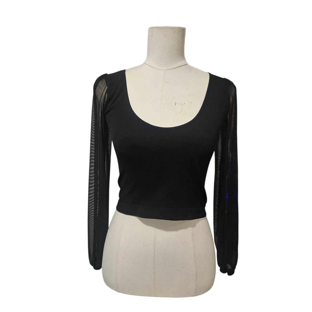 Intimately Free People Black Ribbed Crop Top Sheer Mesh Long Sleeve M/L